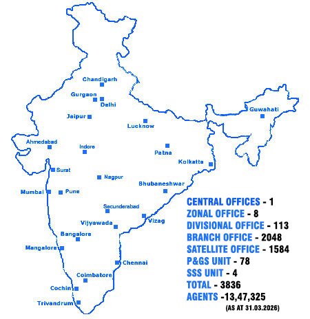 Map showing Life Insurance Corporation of India branch, divisional, and zonal offices across India.